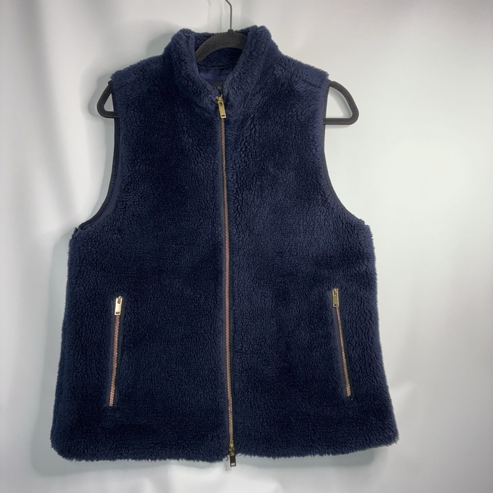 J. Crew Vest Jacket Faux Fur Excursion Plush Excursion Medium Navy Dark Blue Zip